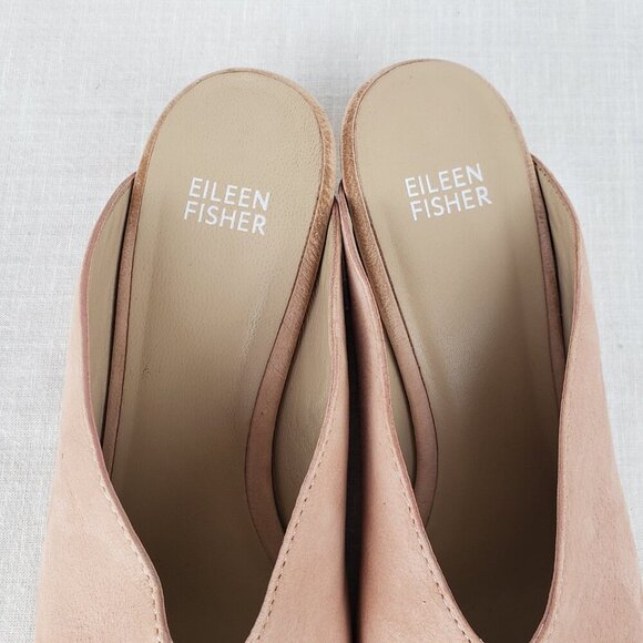 Eileen Fisher Katniss Peep Toe Mules Nude Nubuck Leather Block Heel Size 8.5 - Picture 3 of 10
